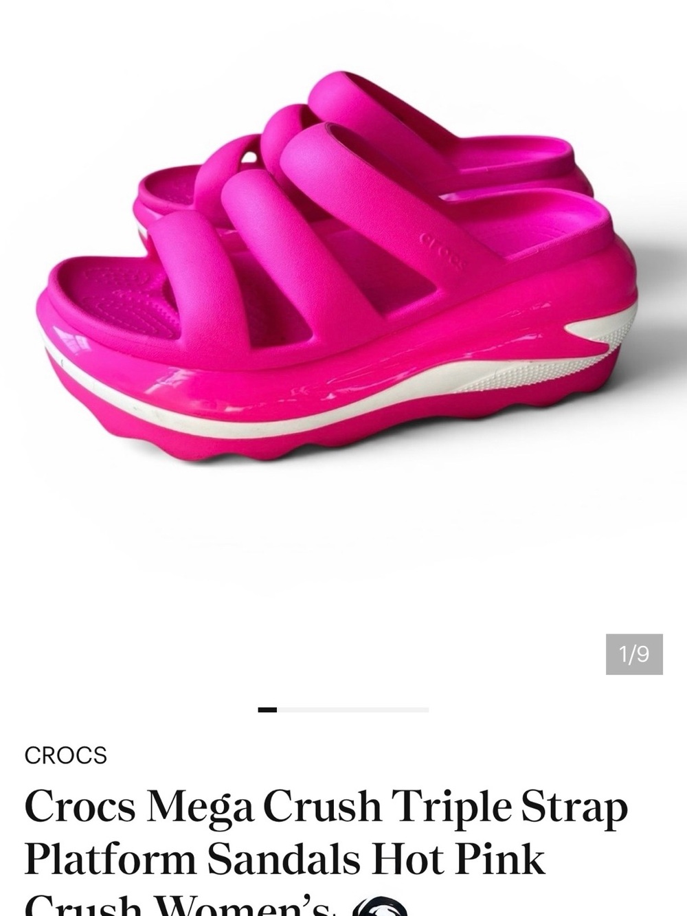 CROCS mega crush Triple-Strap Platform Sandals in Hot Pink, size 9-NWT